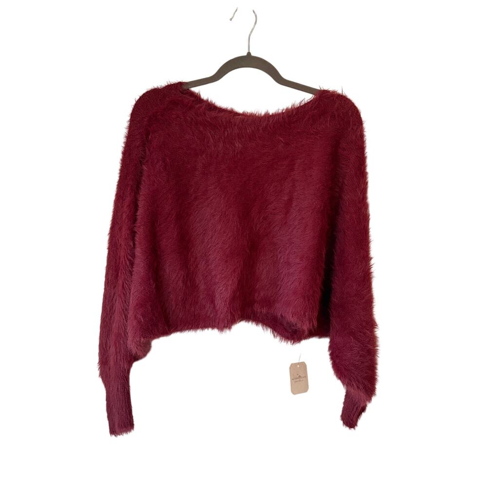 NWT Altar'd State oversized cropped sweater XS fuzzy red wine boatneck